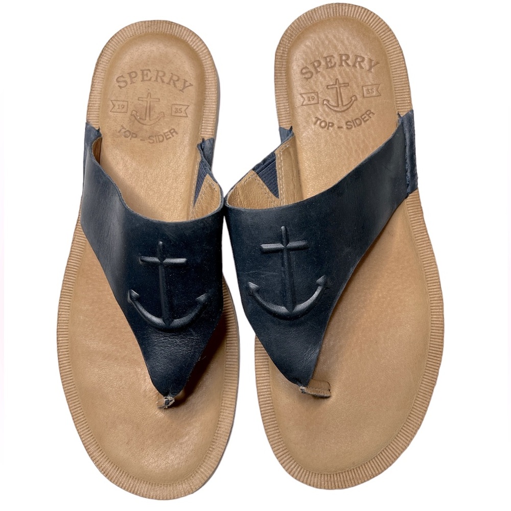 Sperry Seaport Top Sider Leather Navy Flat Sandals Shoes sz 7 women nautical